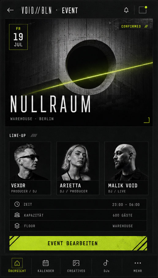 White-Label Beispiel: VOID//BLN — dunkles, technisches Club-Interface