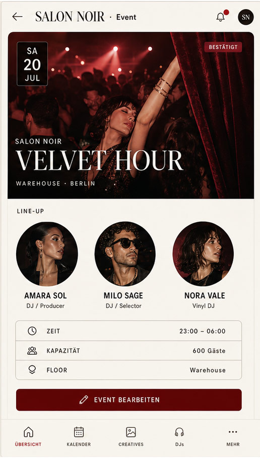 White-Label Beispiel: Salon Noir — helles, editoriales Club-Interface